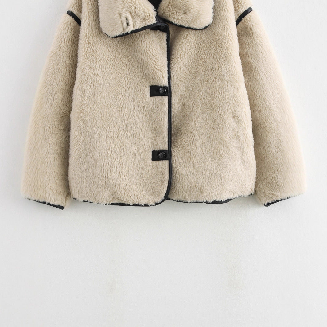 Women Short Cut Faux Fur Field Coat with Oversized Shawl Collar and Contrasting Piping Chichicherry