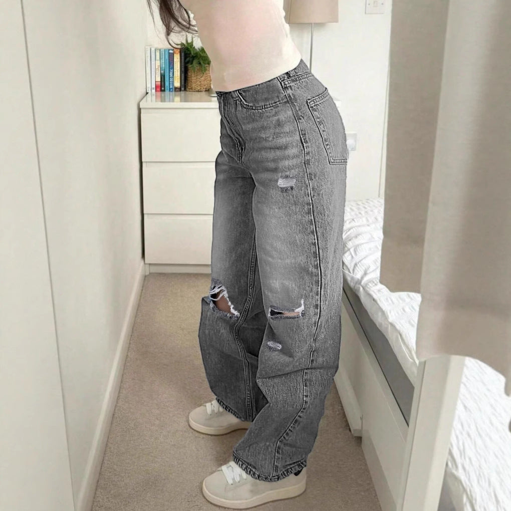 Women's High-Waisted Loose Destroyed Jeans with Straight Leg Chichicherry