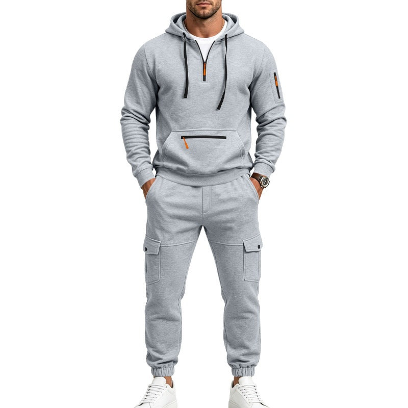 Men's Cargo Jogging Set with Hood, Half Zipper and Multi Pockets Chichicherry
