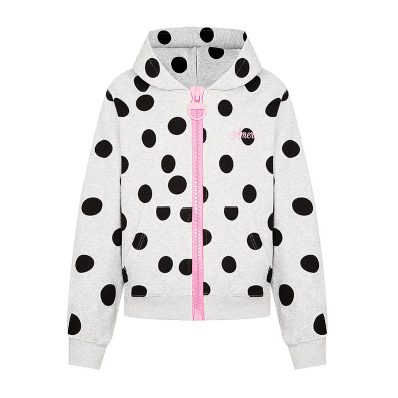 Women's cropped hooded zip jacket with large polka dot pattern and decorative zipper Chichicherry