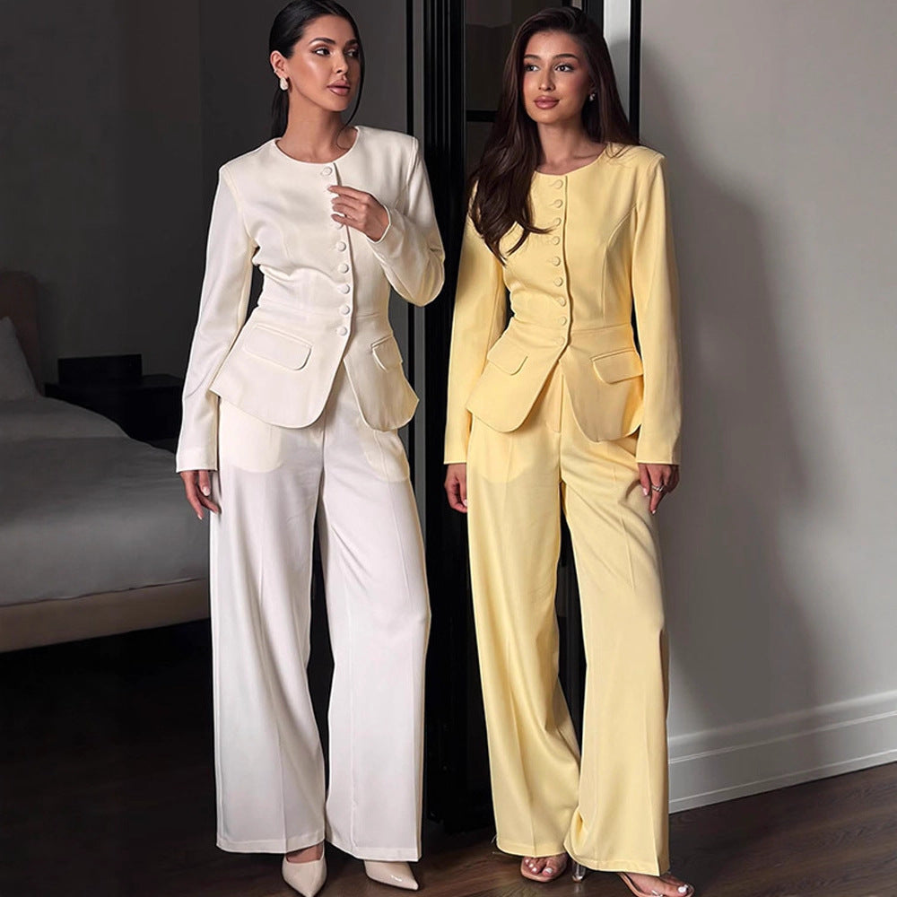 Women's Tailored Blazer with Round Neckline, Decorative Fabric Buttons and Flap Pockets Chichicherry