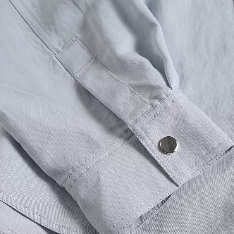Women Light Oversized Blouse Jacket with Stand Collar and Concealed Snap Button Placket Chichicherry