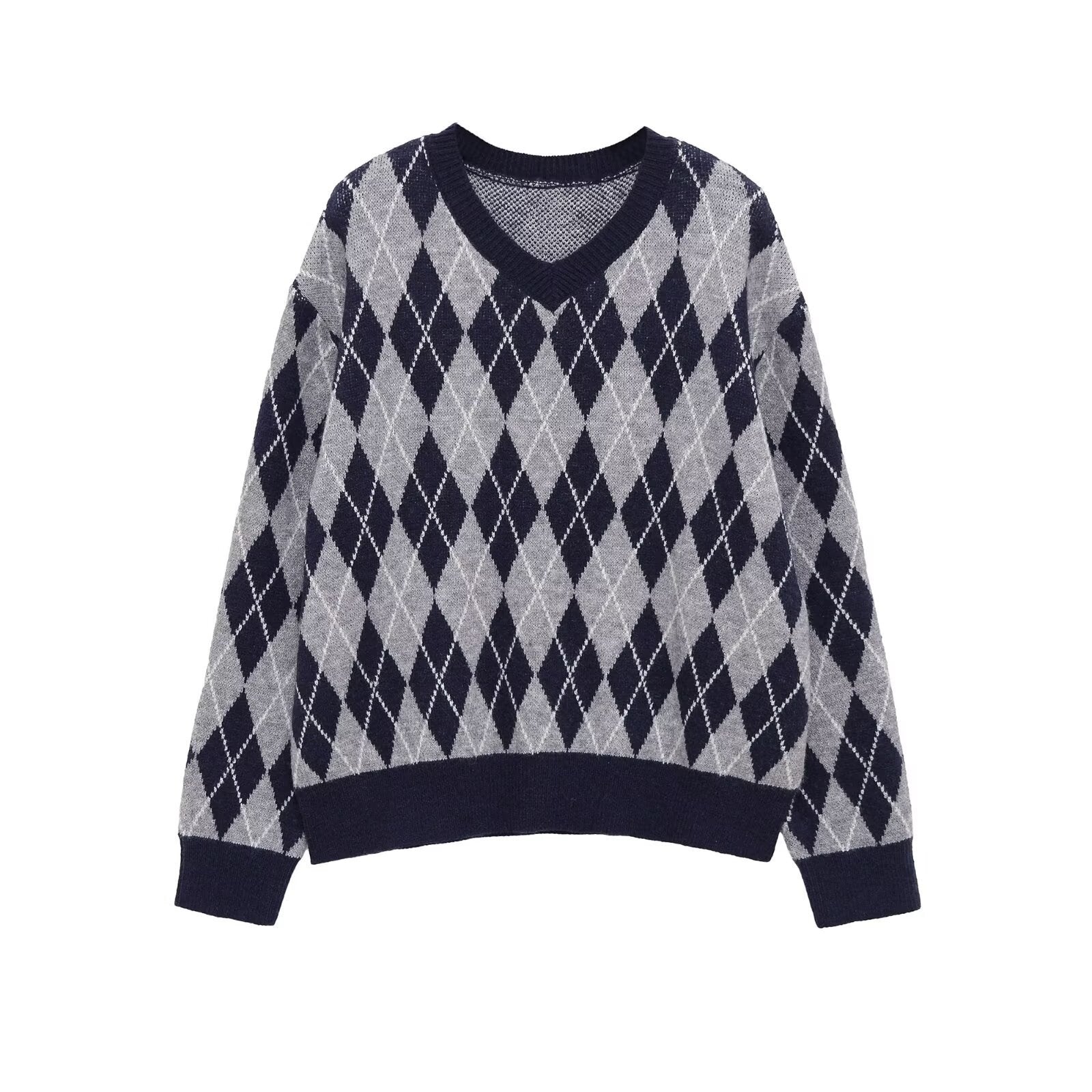 Women's Argyle V-Neck Knitted Sweater with Diamond Pattern Chichicherry