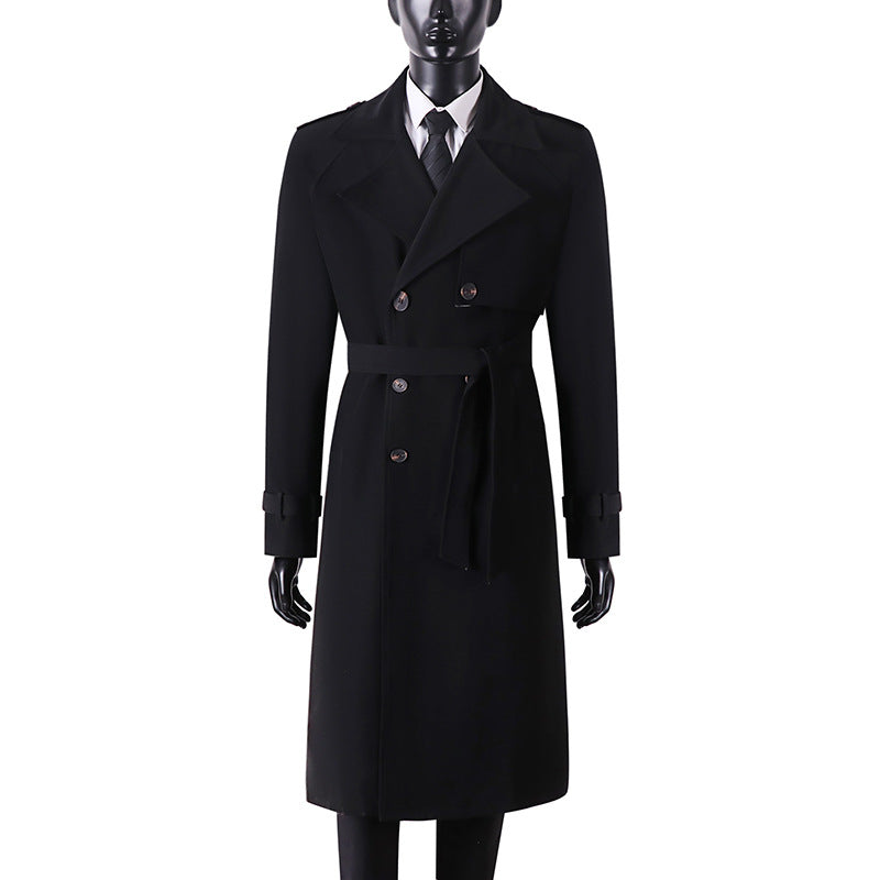 Men's Long Minimalist Trench Coat with Storm Flap, Waist Belt, and Adjustable Cuffs Chichicherry