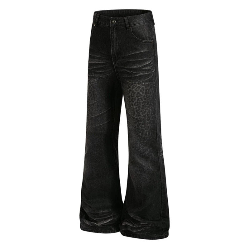Women's High-Cut Flared Jeans with Subtle Leo Print and Used Wash Chichicherry