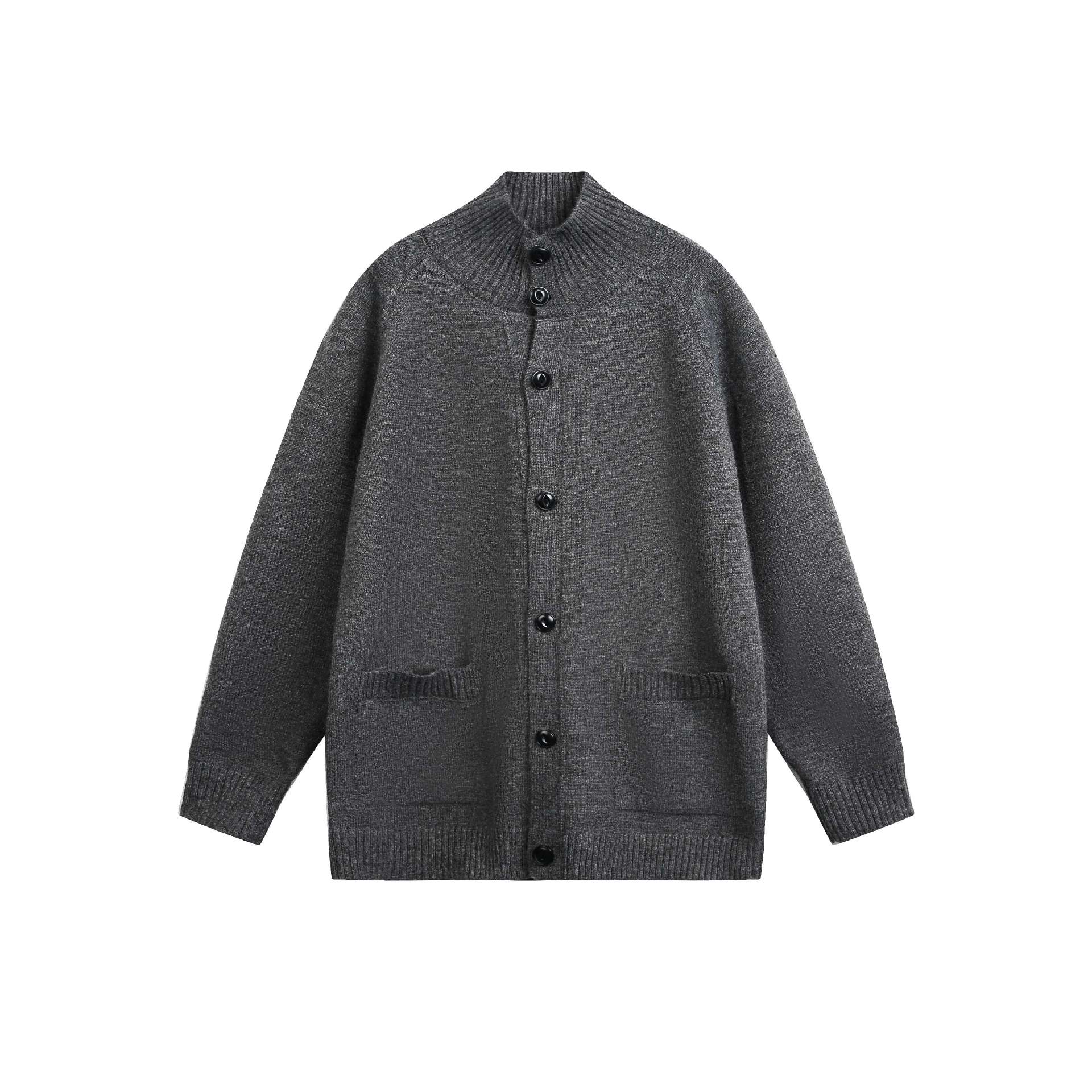 Unisex cardigan jacket with high ribbed collar, continuous button placket and side pockets Chichicherry