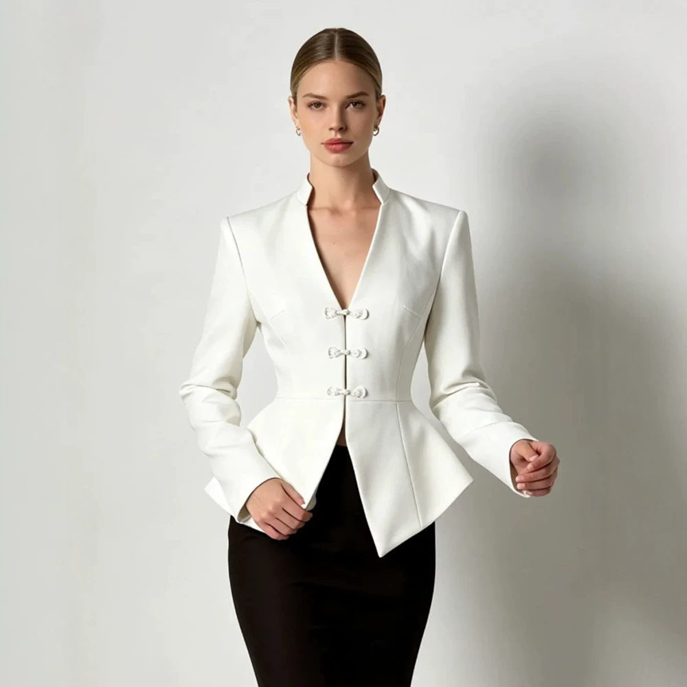 Women's Tailored Peplum Blazer with Mandarin Collar and Decorative Knot Fastenings Chichicherry