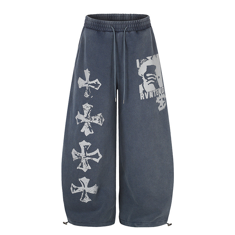 Women's Extra Wide Palazzo Sweatpants with Drawstring Waist, Adjustable Hem, and Gothic Print Chichicherry