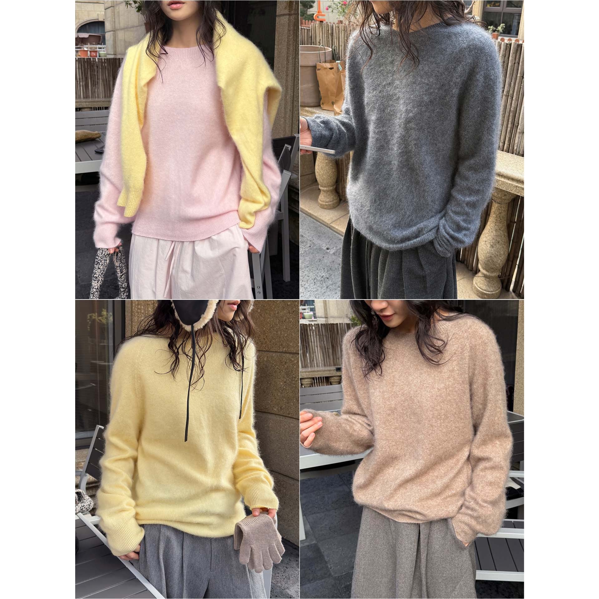 Women Soft Fluffy Knit Sweater with Fine Round Neck and Ribbed Hem Chichicherry