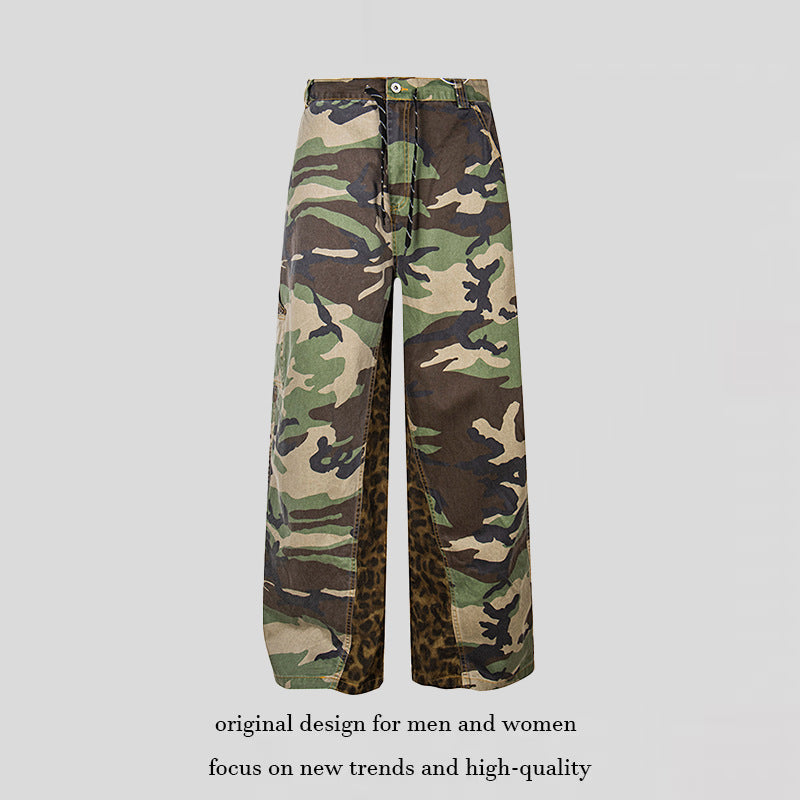 Ladies Wide Cargo Culotte Pants with Camouflage Print and Leopard Detail Chichicherry