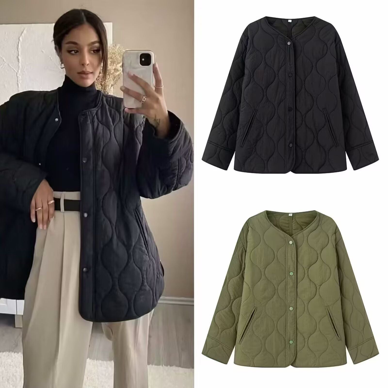 Women's Lightly Quilted Oversize Jacket with Round Neck, Snap Button Placket and Side Pockets Chichicherry