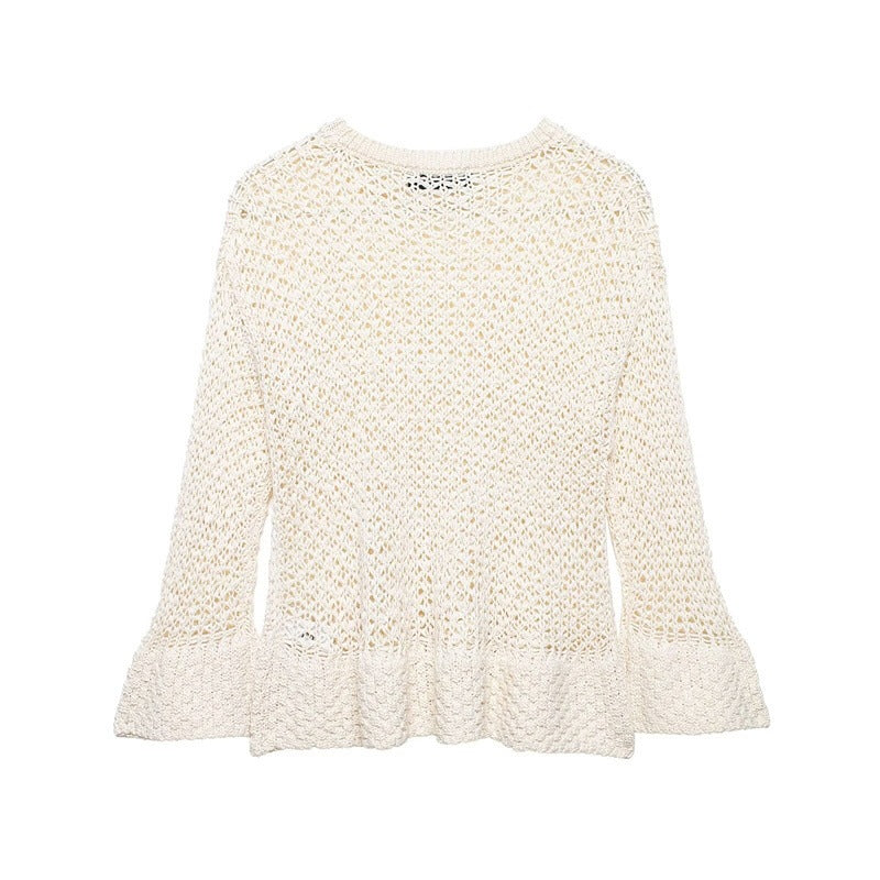 Women's loosely knitted lace pullover with ruffled hem and flared sleeves Chichicherry