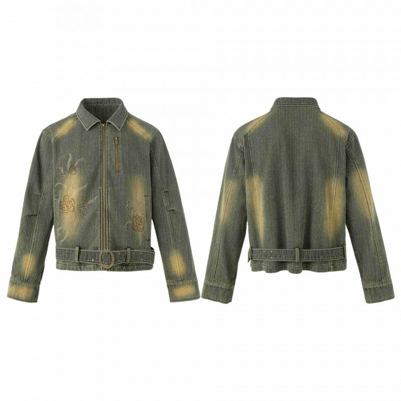 Unisex Short Cut Denim Jacket with Embroidery, Waist Belt and Front Zipper Chichicherry