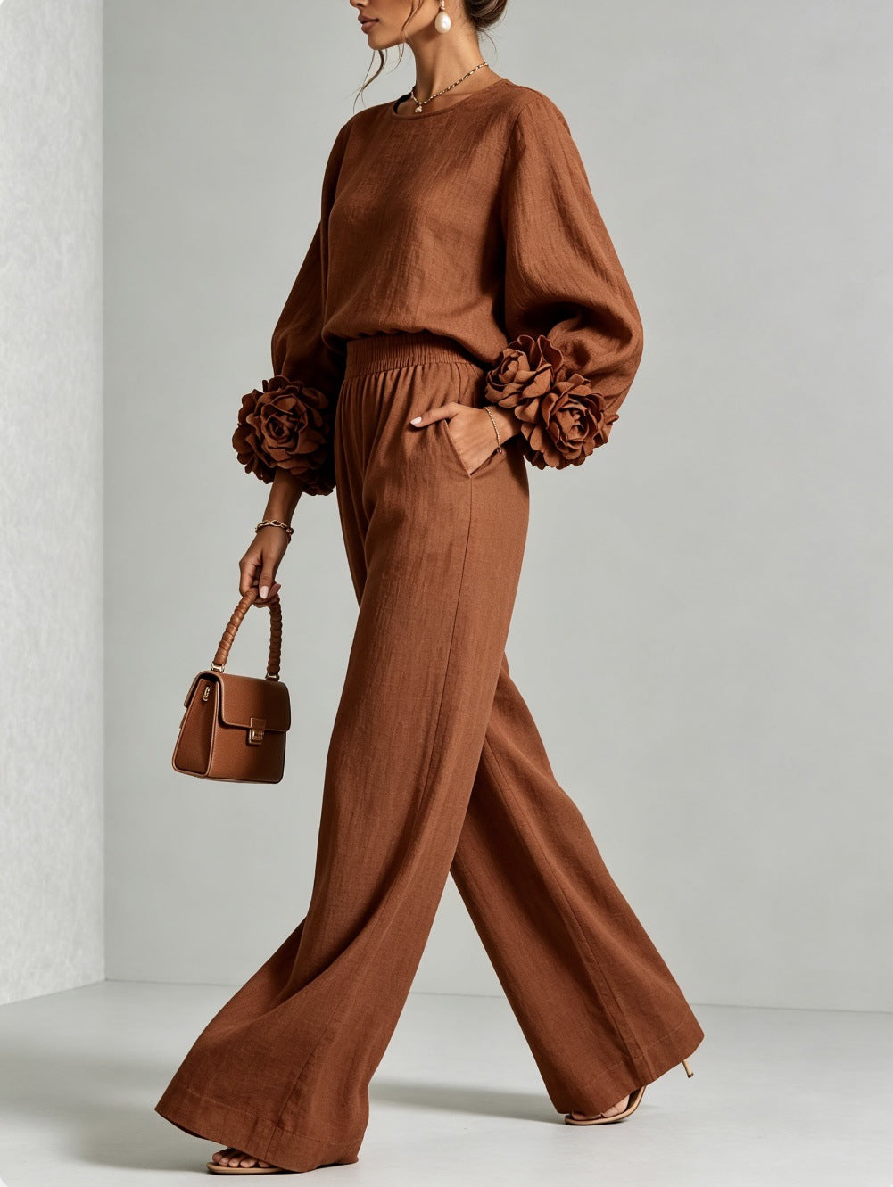 Ladies Two-Piece Ensemble with Balloon Sleeves and Floral Cuffs Chichicherry