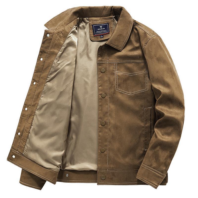 Men's Suede Look Trucker Jacket with Snap Closure Chichicherry