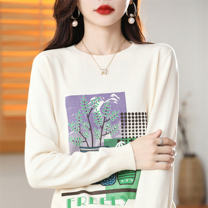 Ladies Lightweight Round Neck Sweater with Graphic Plant Print and Fine Knit Chichicherry