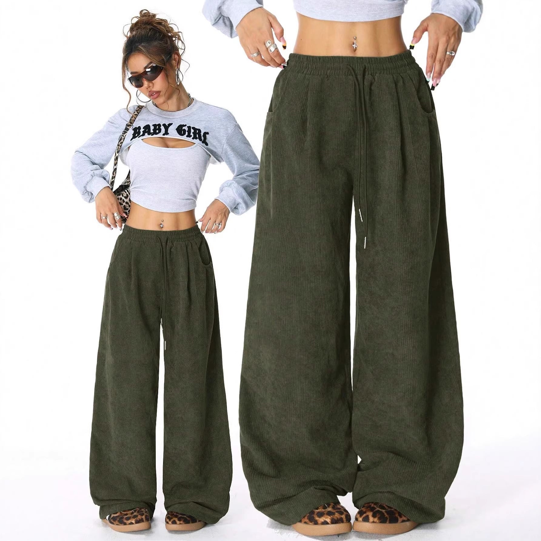 Women's Loose Cord Pants with Elastic Waistband, Drawstring, and Side Pockets Chichicherry