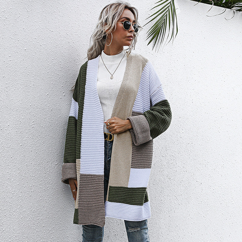 Women's Oversized Knit Cardigan with Colorblock Patchwork and Open Front Chichicherry