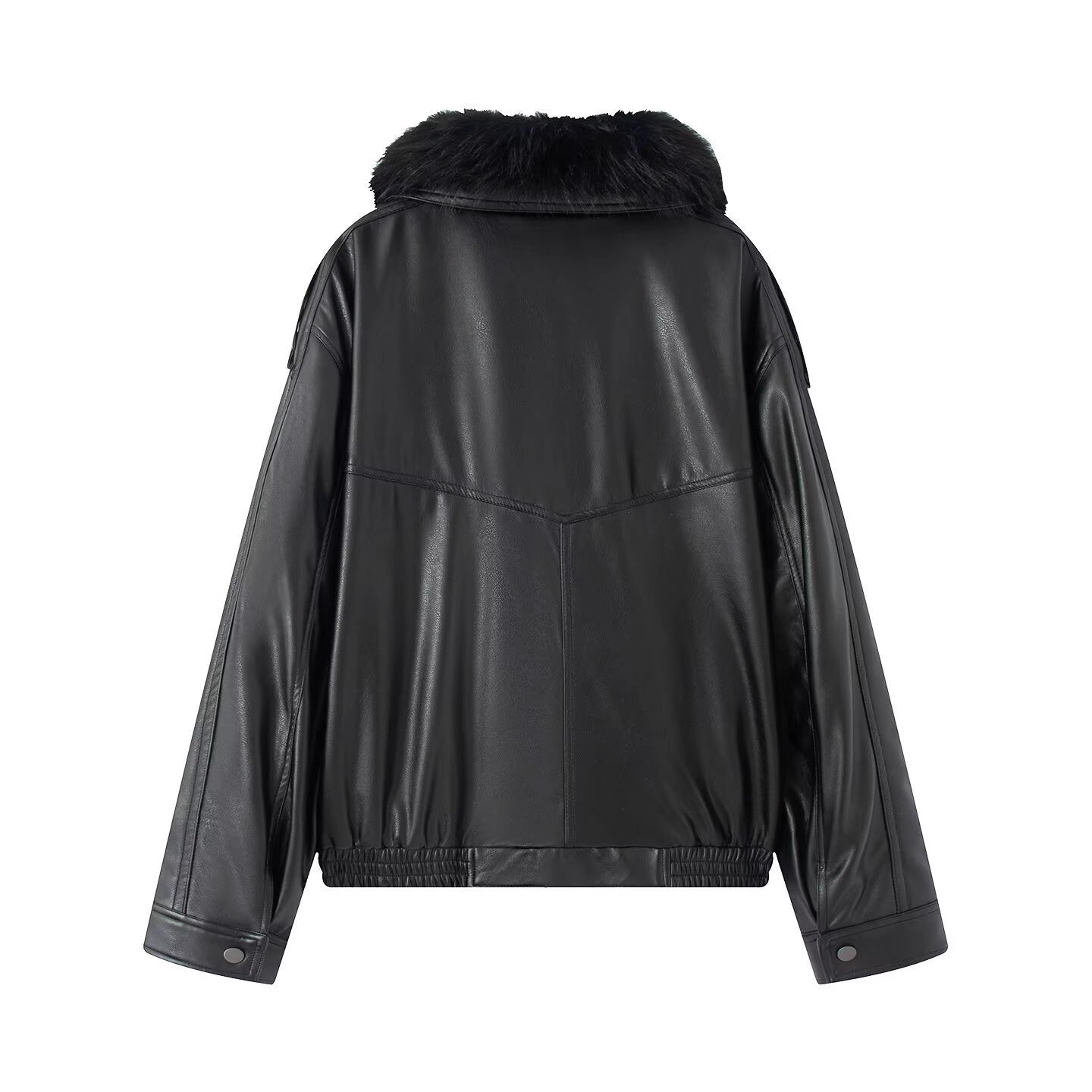 Ladies Oversized Faux Leather Bomber Jacket with Cozy Faux Fur Collar and Applied Flap Pockets Chichicherry