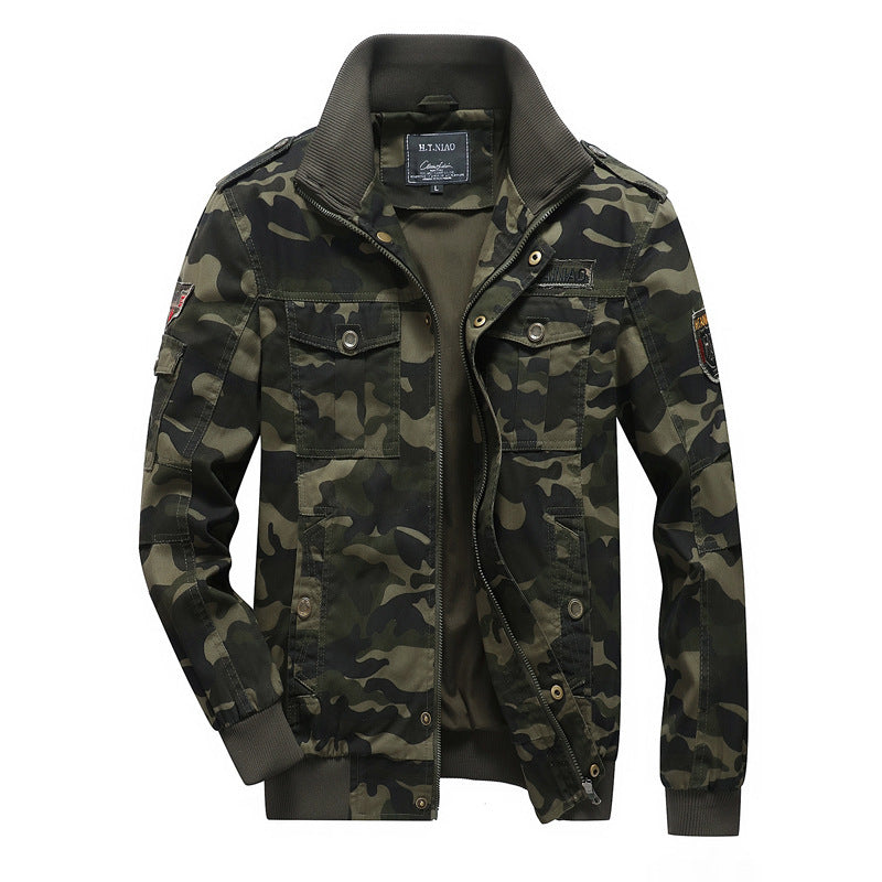 Men's Military Inspired Camouflage Print Transition Jacket with Zipper, Flap Pockets and Elastic Cuffs Chichicherry