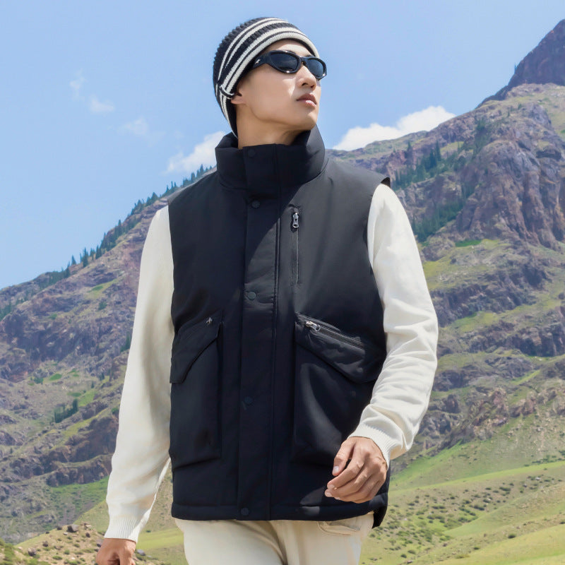 Men's quilted vest with high stand-up collar and multifunctional zip pockets Chichicherry