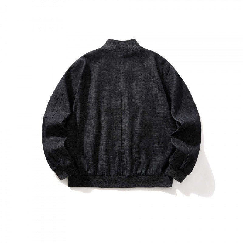 Men's cropped boxy denim bomber jacket with zipper, insert pockets, and sleeve zipper Chichicherry