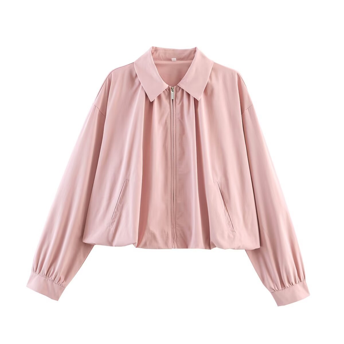 Women's cropped blouse with shirt collar, front zipper and gathered sleeve cuffs Chichicherry