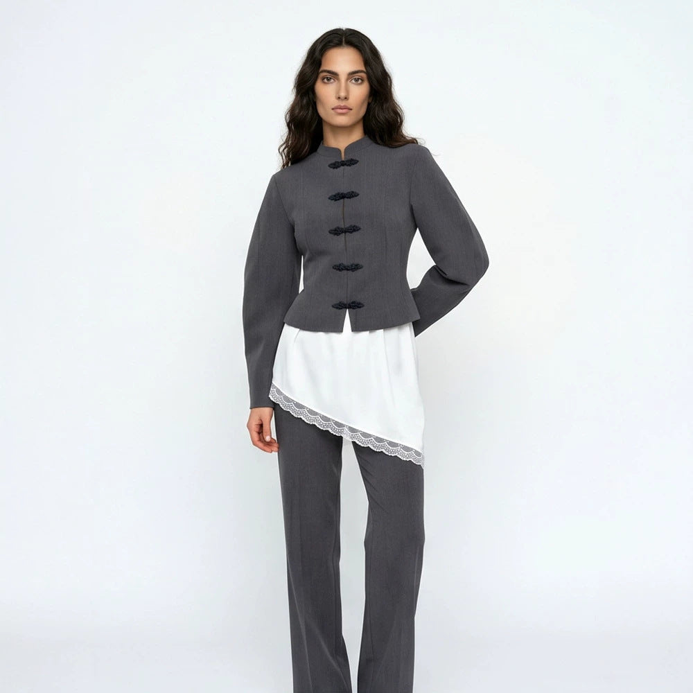 Women's Tailored Cropped Blazer with Mandarin Collar and Decorative Knot Closure Chichicherry