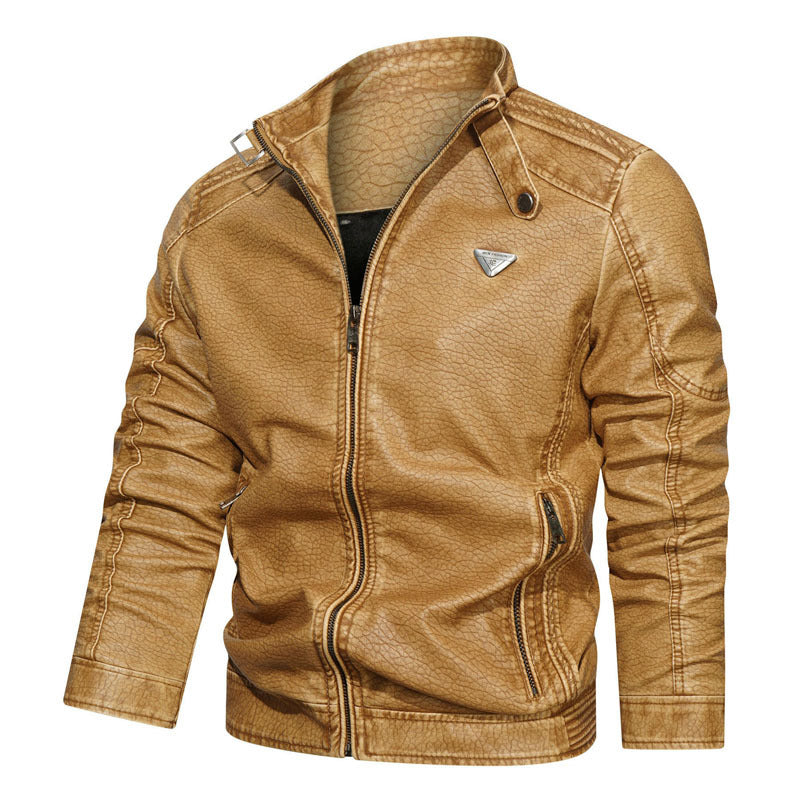 Men's faux leather jacket in vintage denim look with gathered sleeves and stand-up collar Chichicherry
