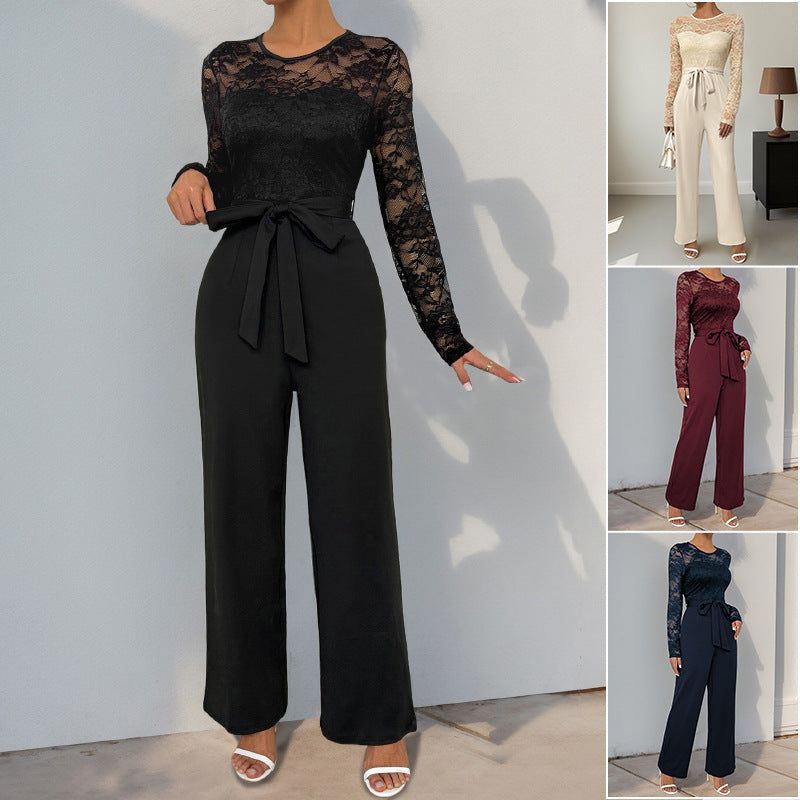 Women's Elegant Jumpsuit with Transparent Lace Top, Waist-Defining Tie Belt & Wide Palazzo Leg