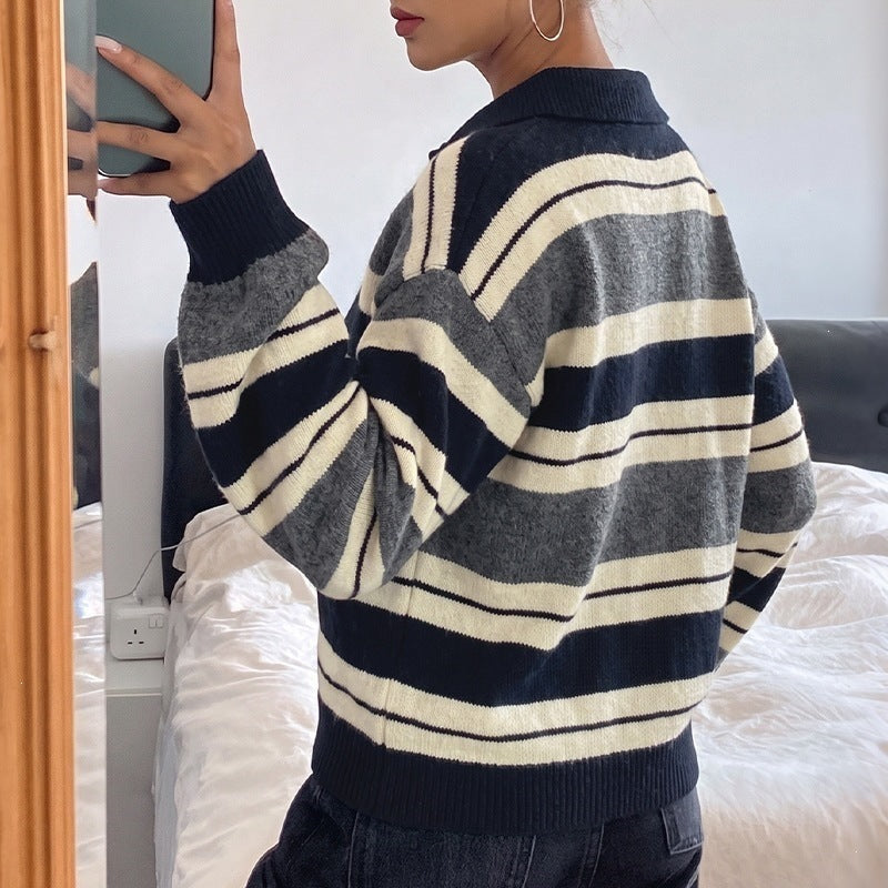 Women’s Oversize Polo Collar Knit Sweater with Striped Pattern and Raglan Sleeves Chichicherry