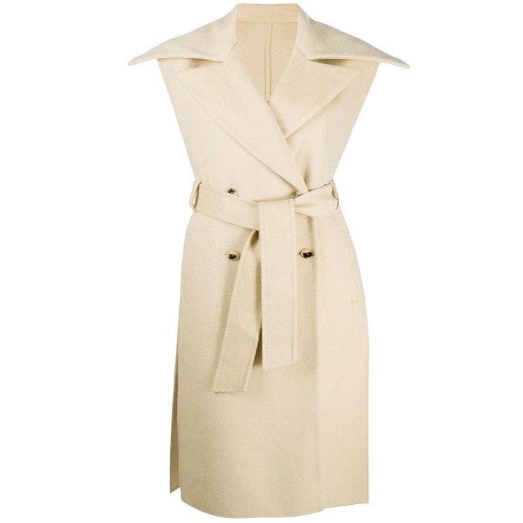 Women's sleeveless tailored wool blend gilet with wide shawl collar and belted tie Chichicherry