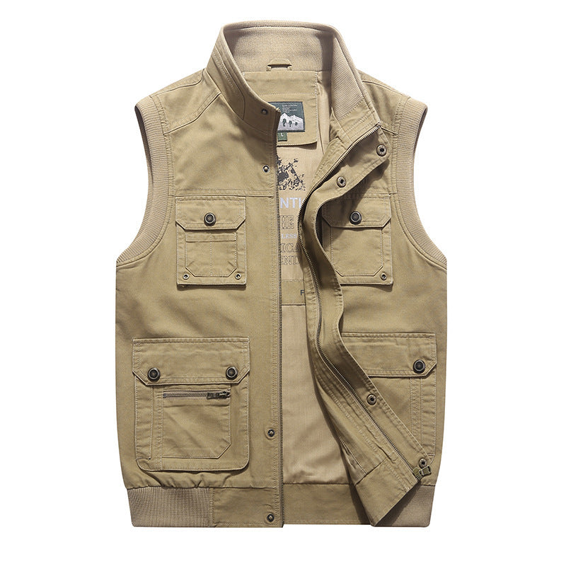 Men's Canvas Utility Vest with Multiple Outer Pockets, Zipper and Stand Collar Chichicherry