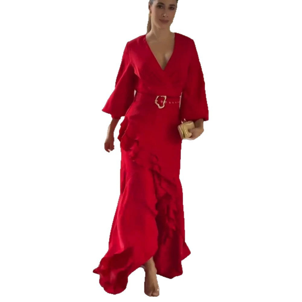 Women's Elegant Wrap Maxi Dress with Ruffles, Fitted Belt & Wide Bell Sleeves Chichicherry