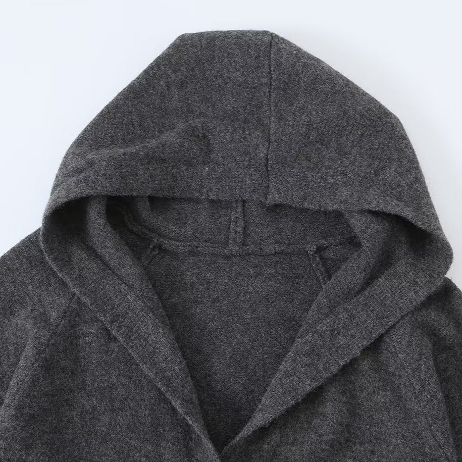 Women Long Hooded Cardigan with Full Button Placket and Ribbed Cuffs Chichicherry