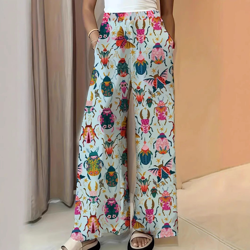 Women's Wide Palazzo Pants with Elastic Waistband and Eye-catching Beetle Print Chichicherry