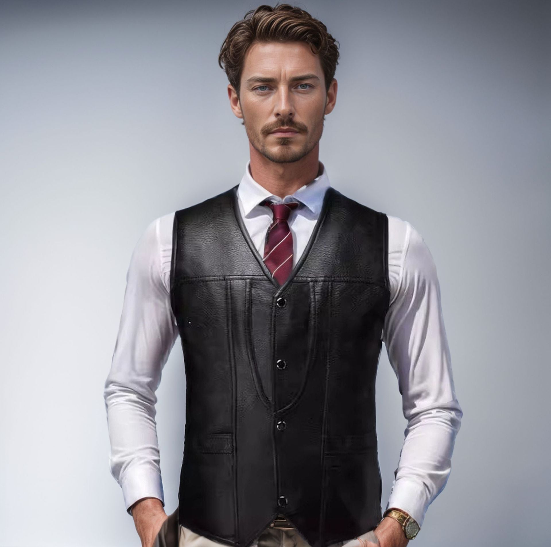 Men's Sleeveless Tailored Leather Vest with V-Neck, Decorative Seams and Button Placket Chichicherry