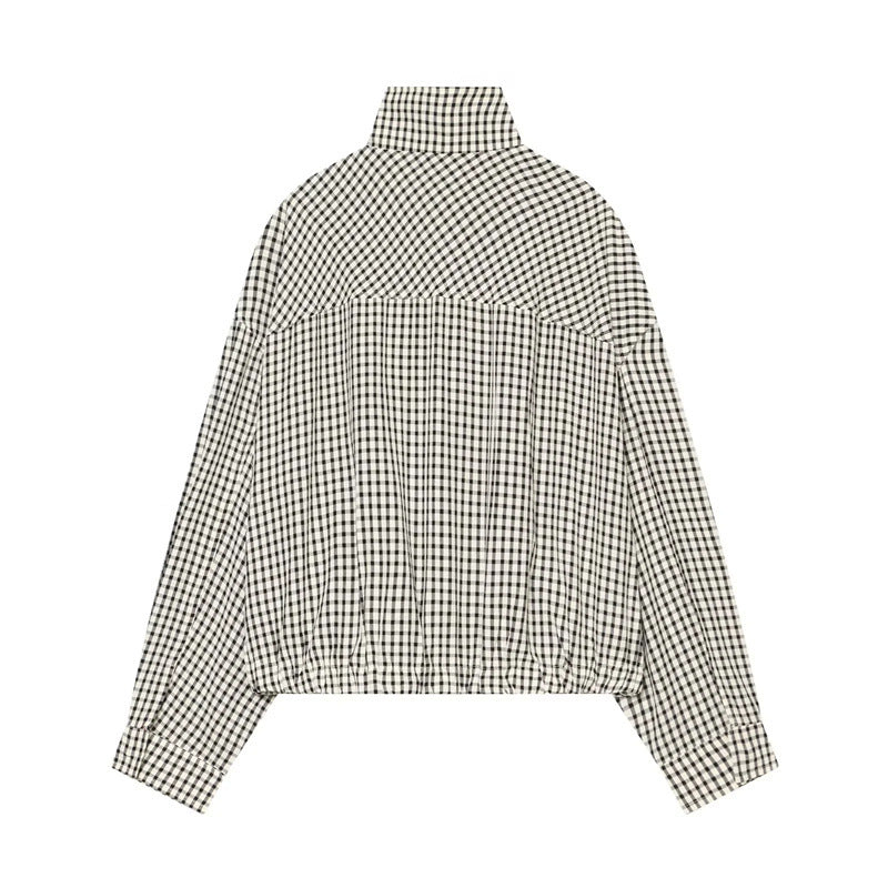 Women's short-cut boxy blouse in Vichy check with stand-up collar and elastic hem Chichicherry