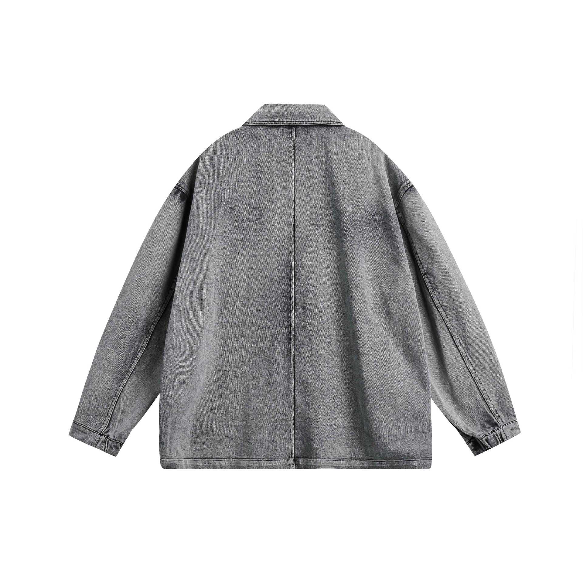 Unisex Oversized Denim Jacket in Vintage Wash with Lapel Collar and Patch Pockets Chichicherry