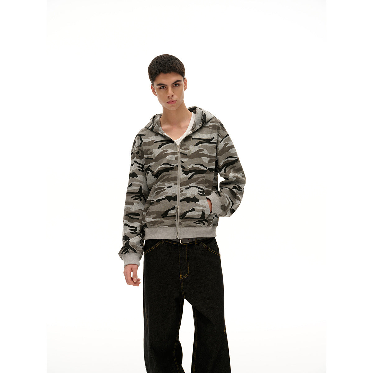 Unisex Oversized Hoodie Jacket with Full Zip and Camouflage Print Chichicherry