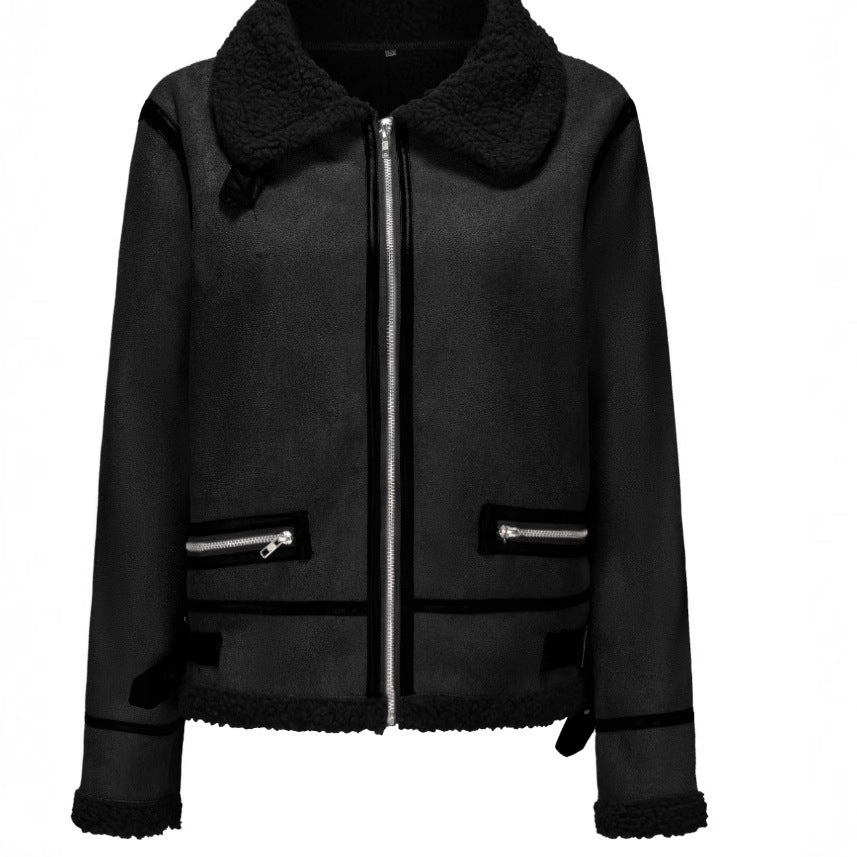 Women Short Cut Aviator Sheepskin Imitation Jacket with Teddy Lining and Faux Leather Trim Chichicherry
