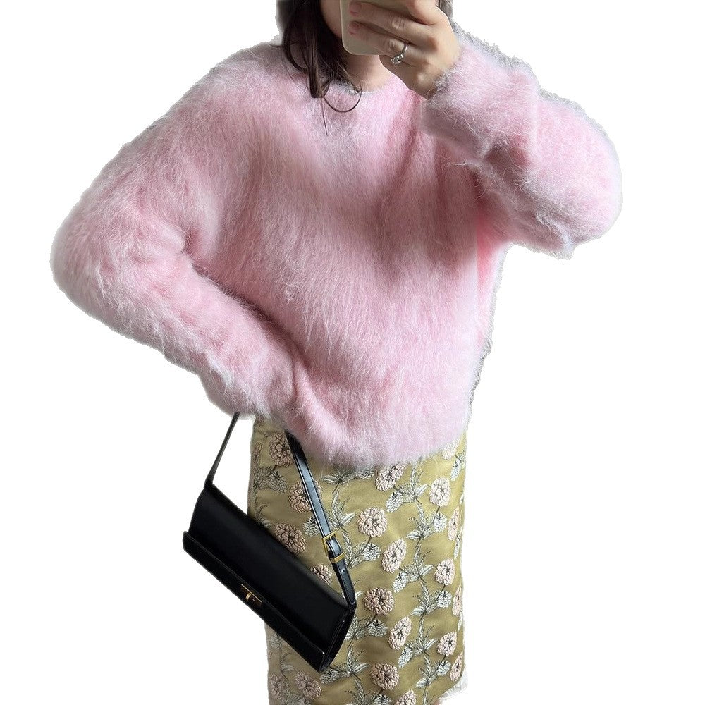 Women's Oversized Mohair Sweater with Fluffy Texture and Round Neckline Chichicherry