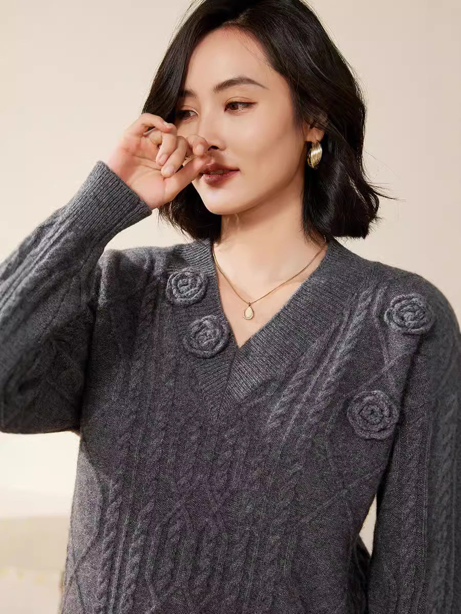 Women's cable knit V-neck sweater with three-dimensional floral appliqués made from soft wool blend Chichicherry
