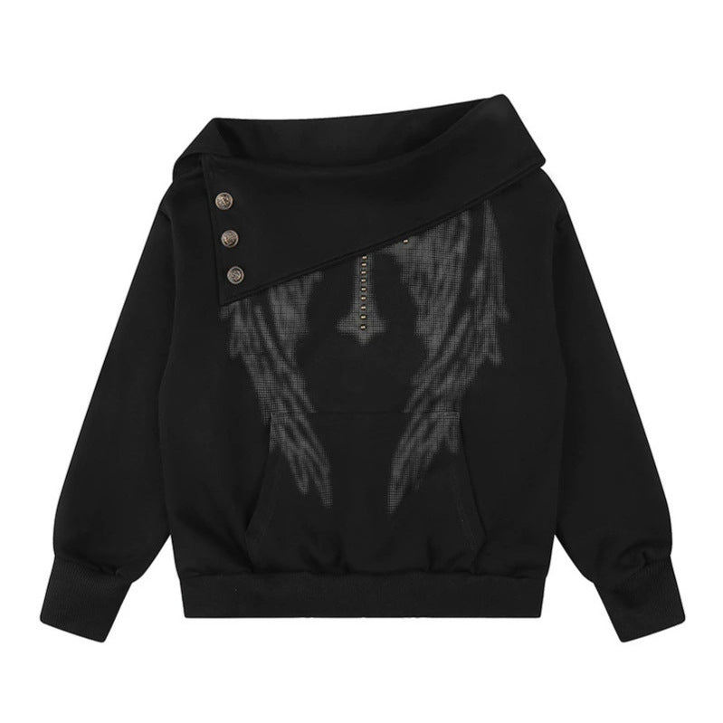 Women Asymmetric Sweatshirt with Wide Collar, Decorative Button Placket and Bead Application Chichicherry