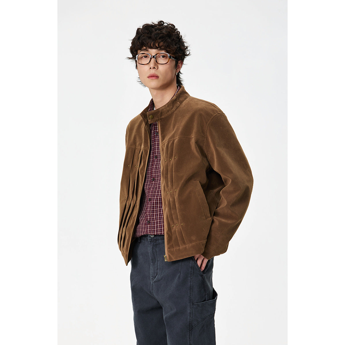 Men's Velour Leather Look Blouson Jacket with Pleated Yoke and Stud Detail Chichicherry
