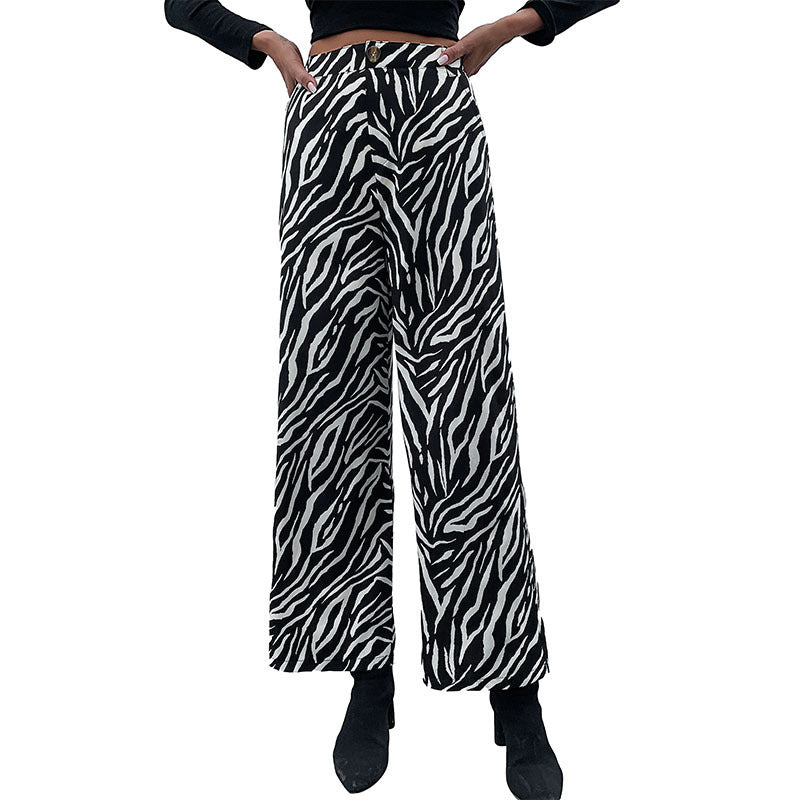 Women's Wide Palazzo Pants with Animal Zebra Pattern, High Waist and Belt Loops Chichicherry