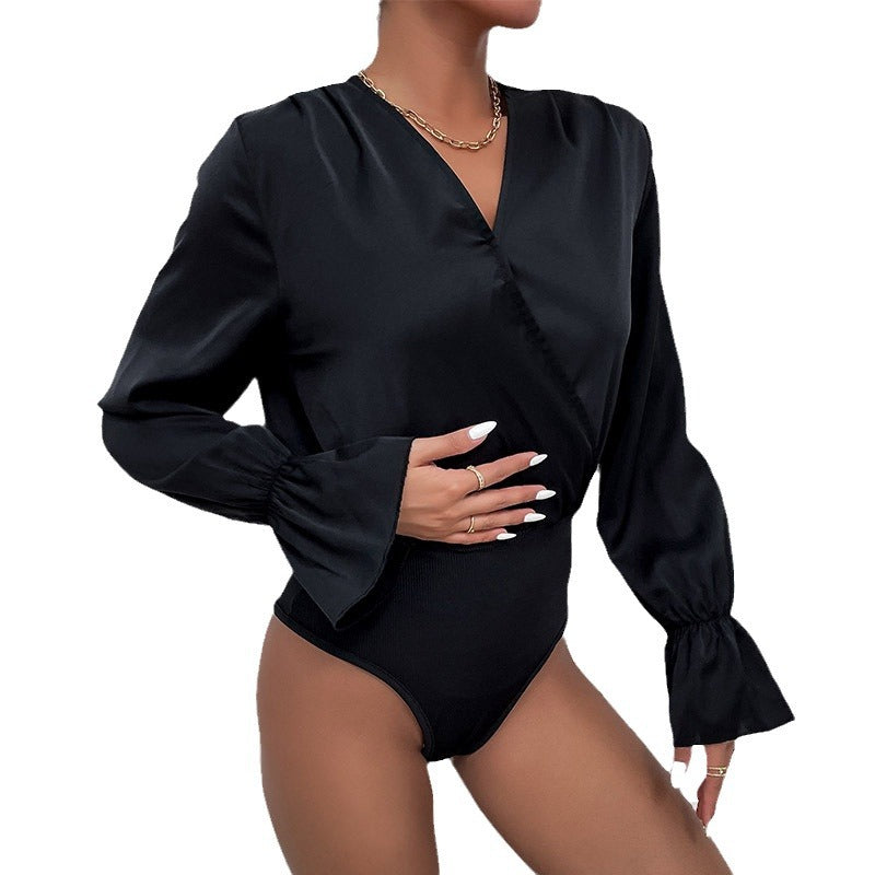 Women's satin bodysuit with wrap V-neck, fitted ribbed waistband and flounce sleeves Chichicherry
