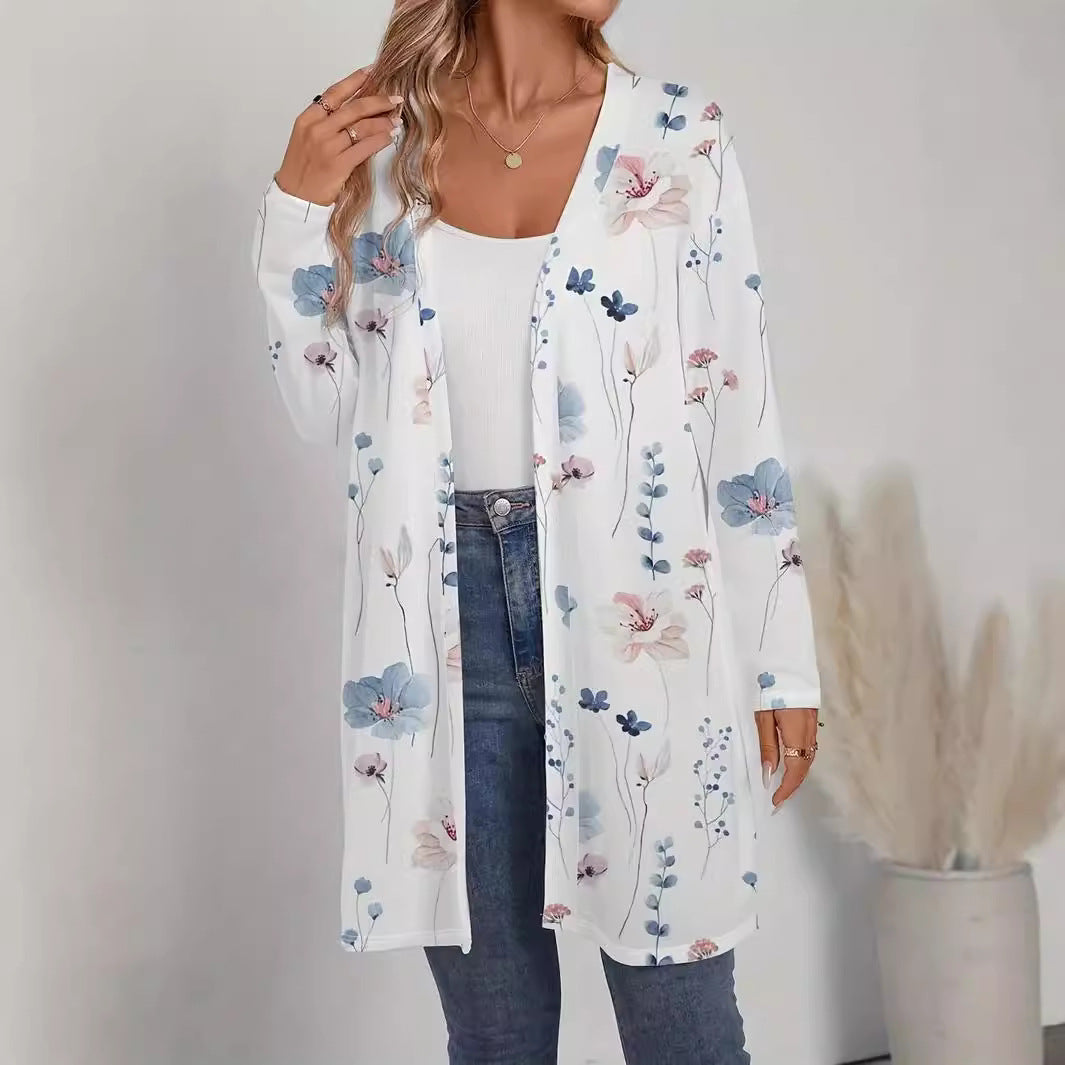 Ladies Floral Longline Cardigan with Open Cut and Light Viscose Mix Chichicherry