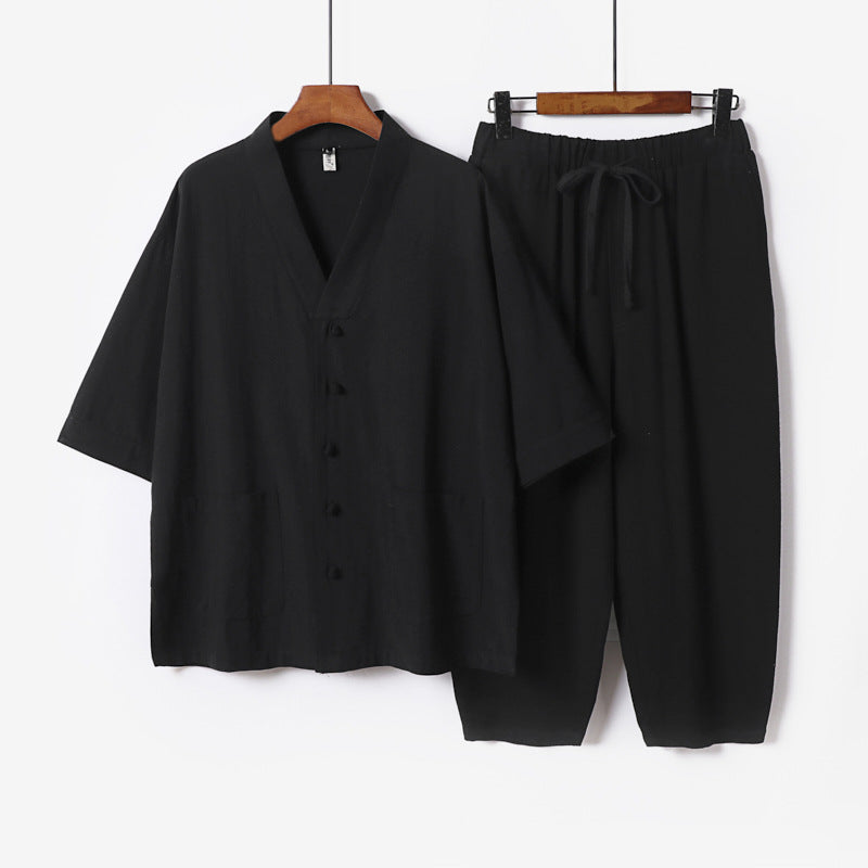Unisex Lightweight Kimono Lounge Set made of Cotton-Linen with Short Sleeve Jacket and Drawstring Pants Chichicherry