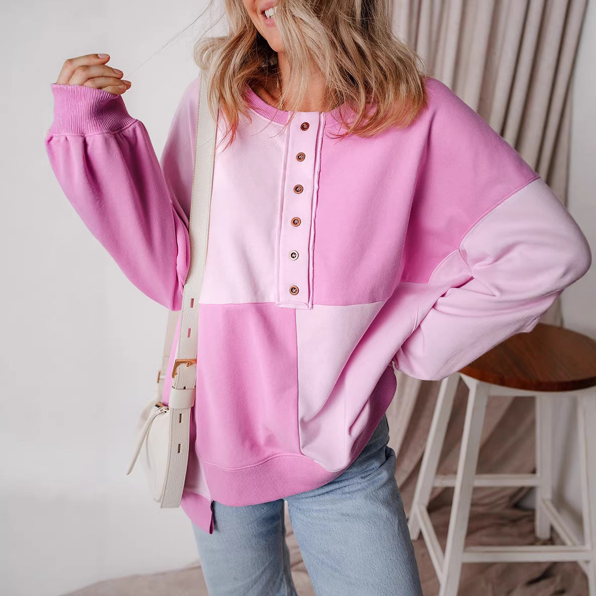 Women's Oversized Long Sleeve Sweatshirt in Colorblock with Henley Button Placket and Balloon Sleeves Chichicherry